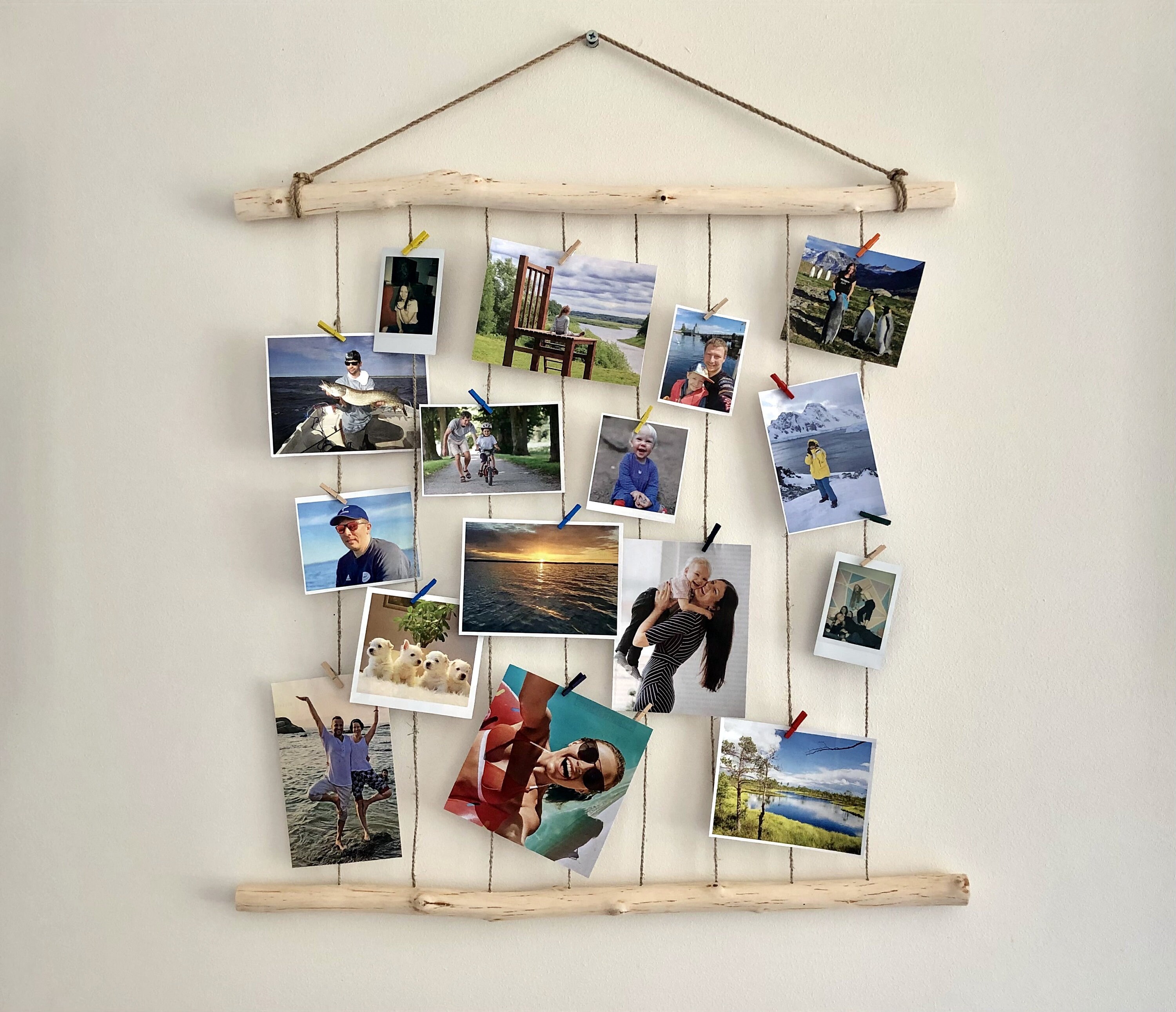 Hang pictures with fishing line and clothes pins!