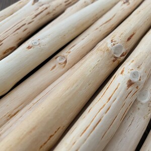 Pu&ograve; includere: Primo piano di diversi pali di legno color chiaro, possibilmente rami, disposti diagonalmente. I pali hanno un aspetto naturale, non rifinito, con nodi visibili e sottili venature. Il legno ha una tonalit&agrave; chiara e neutra, con striature marrone scuro.