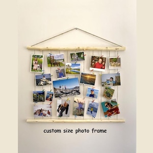 Présentoir photo personnalisé en ficelle avec mini chevilles, cadre photo en bois naturel, présentoir de photos vertical, cadre photo à mémoire de forme, décoration murale, cadeaux photo