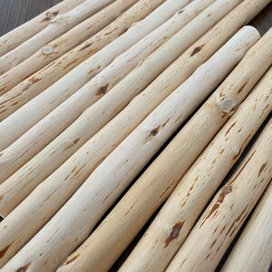 Pu&ograve; includere: Una collezione di tasselli in legno naturale di colore chiaro disposti diagonalmente. I tasselli hanno una forma cilindrica liscia con nodi visibili e sottili variazioni di colore, che vanno dal crema al marrone chiaro. Ideale per progetti di artigianato.