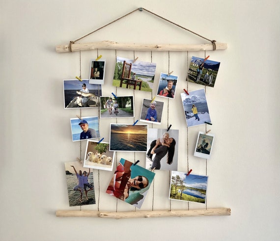 Twine Photo Display with Mini Pegs Natural Wood Photo Frame Vertical Pictures Display Photo Memory Frame Wall Decor Photo Gifts