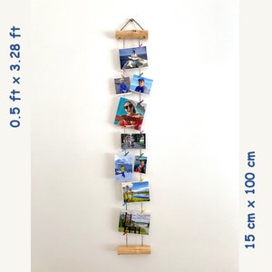 Moldura de memória para fotos, decoração de parede, exibição de fotos com mini pinos, moldura de madeira natural, colagem vertical, fotos penduradas, exibição de fotos