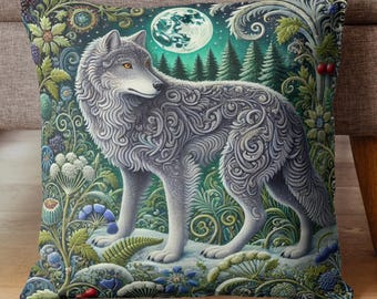 Mystical Moonlit Wolf Pillow, Forest Cushion William Morris Inspired, Gothic Cottagecore Home Decor