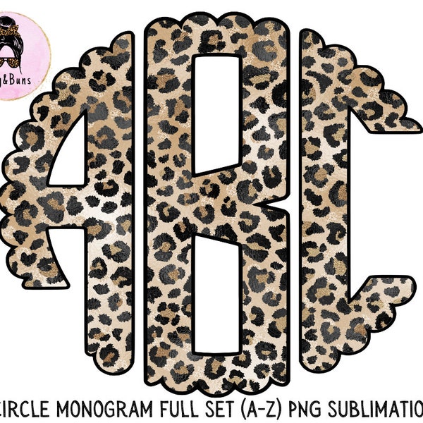 Leopard Circle Handdraw Monogram Full Set, Scalloped Round Left Middle & Right, Monogram Split, Doodle Letters PNG, Sublimation Print