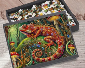Klimt-Style Red Iguana Jigsaw Puzzle: Rainforest Home Decor