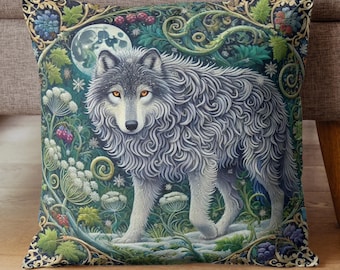 Moonlit Forest Wolf Throw Pillow, Mystical Botanical Woodland Cushion, William Morris Style Animal Decor