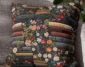 Floral Book Stack Pillow: Embroidered Style Bookish Decor
