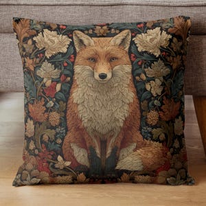 William Morris Inspired Fox Floral Decorative Throw Pillow, Cozy Cottagecore Accent CushionForest Themed Home Decor
