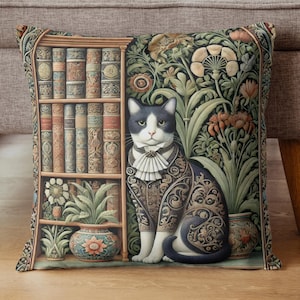 Vintage Cat Bookshelf Pillow: Whimsical Literary Home Decor