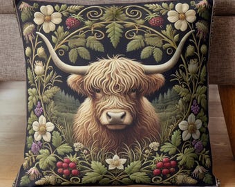 Botanical Highland Cow Pillow: Rustic Farmhouse Accent