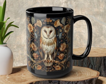 Majestic Barn Owl Floral Mug: Vintage Botanical Coffee Cup