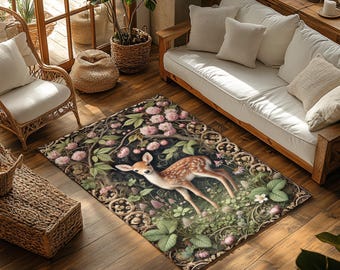 Enchanted Woodland Fawn Area Rug, Cottagecore Deer Floral Art Rug for Living Room, Nursery, or Cozy Home Decor