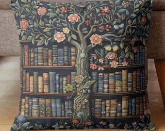 William Morris Bookshelf Pillow: Cottagecore Library Decor