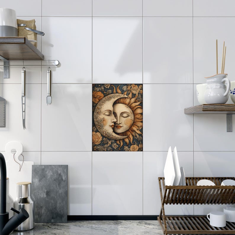 Celestial Sun & Moon 6x8 Ceramic Art Tile, Art Nouveau Boho Wall Decor image 5