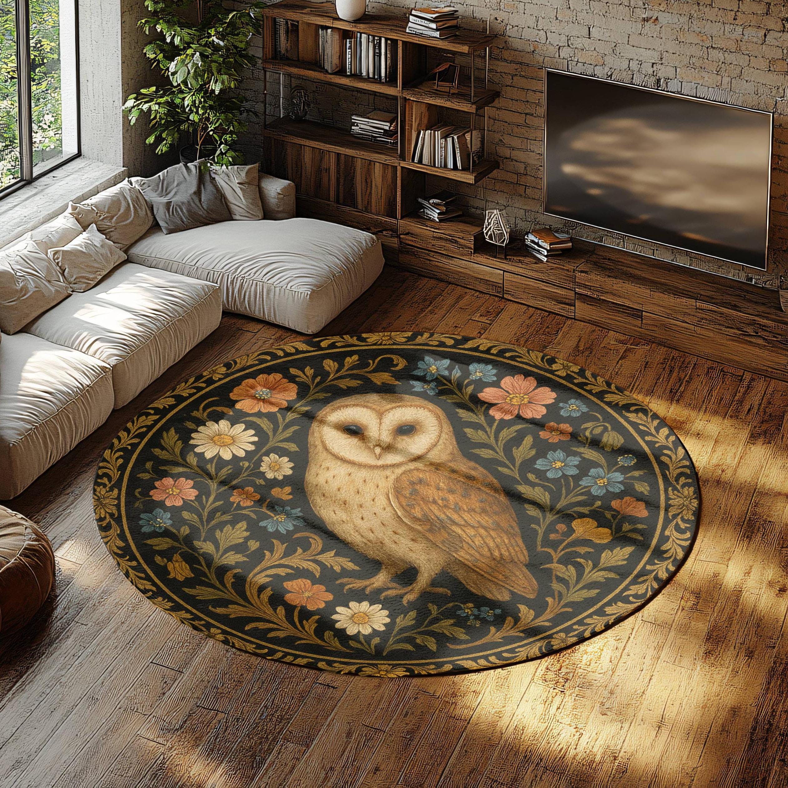 Vintage Barn Owl Round Rug: Bohemian Woodland Decor (60"x60")