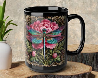 Pink Peony Dragonfly Mug: Morris-Style Bohemian Drinkware