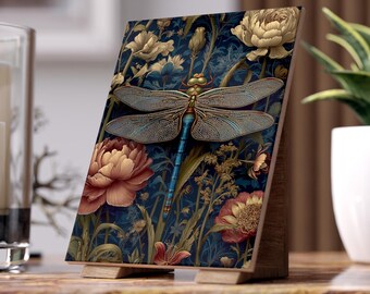 Blue Dragonfly Floral Ceramic Photo Tile | Vintage Botanical Art Decor