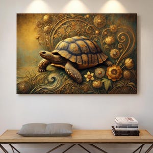 Klimt-Style Artistic Turtle Canvas Wall Art, Nature Decor, Eco-Friendly Home Decor, Gift for Animal Lovers, Turtle Lover&#39;s Wall Decor