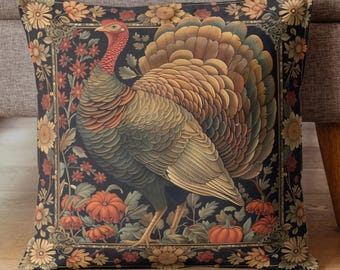 Thanksgiving Turkey Pillow, Harvest Farmhouse Cushion with Pumpkins & Autumn Florals