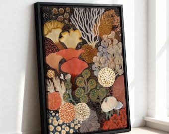 Yayoi Kusama Inspired Mushroom Canvas Print, Autumn Botanical Wall Art