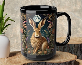 Moonlit Hare Coffee Mug: Cottagecore Forest Art, Whimsical Rabbit