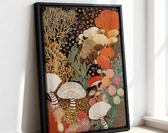 Yayoi Kusama Inspired Mushroom Canvas Art, Golden Forest Print
