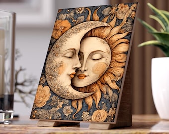 Celestial Sun & Moon 6x8 Ceramic Art Tile, Art Nouveau Boho Wall Decor