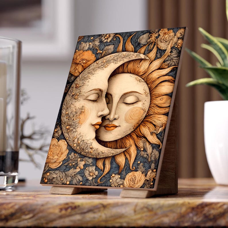May include: A wooden decorative plaque featuring a celestial design of the sun and moon embracing. The artwork has a vintage aesthetic with floral accents in shades of orange and cream against a dark blue background. The plaque is displayed on a wooden stand.