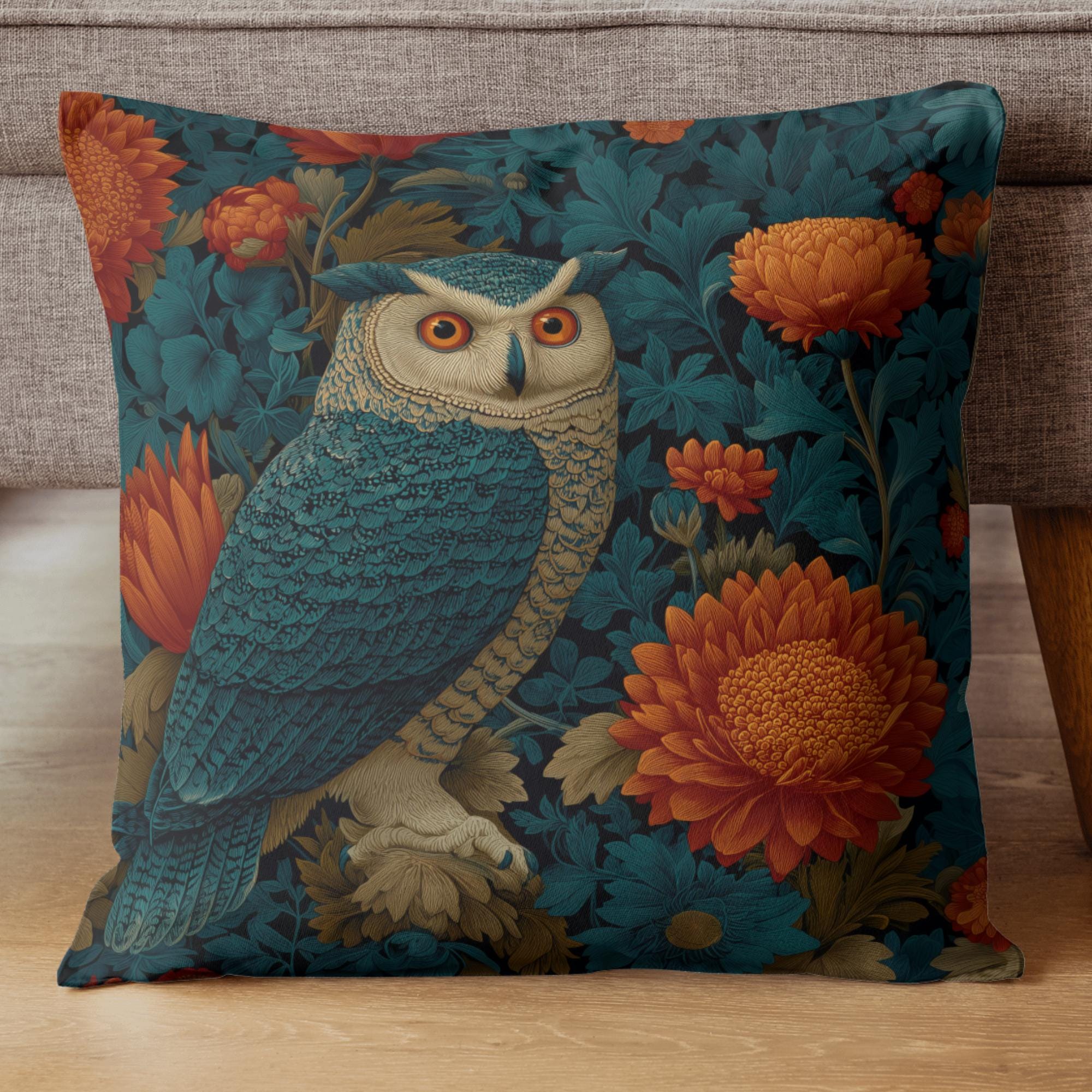 William Morris Inspired Owl and Chrysanthemum Floral Throw Pillow, Vintage Cottagecore Home Decor Cu