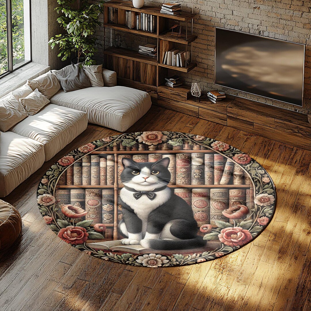 Vintage Bookshelf Tuxedo Cat Round Rug, Cozy Home Decor for Cat Lovers ...