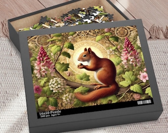 May include: A 500 piece jigsaw puzzle featuring a red squirrel holding a nut in a forest setting. The puzzle box is black with a gold border and the text "16x20 Puzzle 500 pcs Ages 9+".
