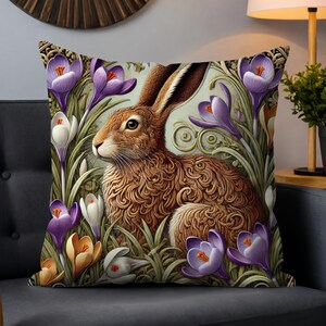 Morris-Style Hare Crocus Field Pillow, Cozy Home Decor, Easter Gift, Nature Lovers, Boho Decor, Rabbit Art Cushion