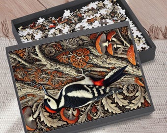 May include: A jigsaw puzzle in a gray box, featuring a detailed illustration of a woodpecker, mushrooms, and intricate foliage. The puzzle is partially assembled, with pieces visible in the box. The color palette includes shades of brown, orange, black, and white.