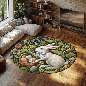 Springtime Blue Bow Bunny Easter Eggs Rug | Decorative Round Rug for Easter Decor, Bunny Themed Home Decor, Rabbit Spring Floral Rug