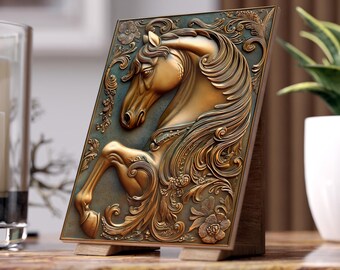 Art Nouveau Ornate Horse Relief Ceramic Photo Tile | Vintage Equestrian Wall Decor