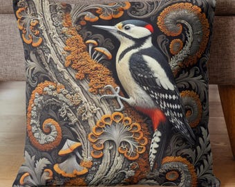 Woodpecker Pillow: Orange Lichen Bark Tree, Nature Inspired Home Decor