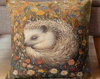 Klimt-Style Hedgehog Pillow: Sunlit Meadow Accent Decor