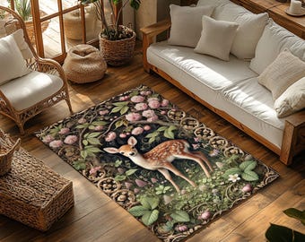 Floral Deer Area Rug, William Morris Inspired, Cottagecore Decor