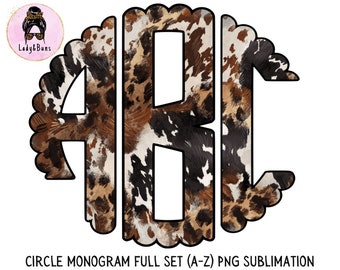 Western Cowhide Leopard Circle Handdraw Monogram Full Set, Scalloped Round Left Middle & Right, Monogram Split, Doodle Letters  Sublimation