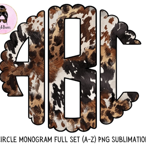 Western Cowhide Leopard Circle Handdraw Monogram Full Set, Scalloped Round Left Middle & Right, Monogram Split, Doodle Letters  Sublimation