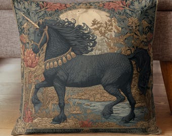 Mythical Unicorn Pillow, William Morris Style Fantasy Tapestry Cushion, Dark Academia Botanical Home Decor