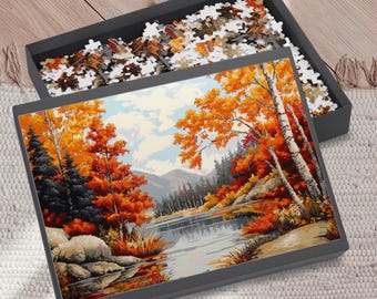 Autumn Lake & Mountain Puzzle, Scenic Fall Landscape Jigsaw (120, 252, 500, 1000 Pieces)
