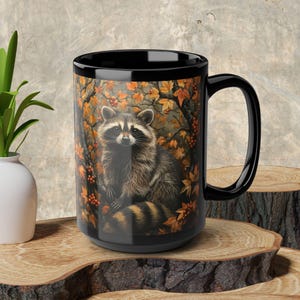 Autumn Raccoon Cozy Fall Forest Black Mug 11oz 15oz, Woodland Wildlife Art Gift for Nature Lover, Halloween, Thanksgiving, Home Decor
