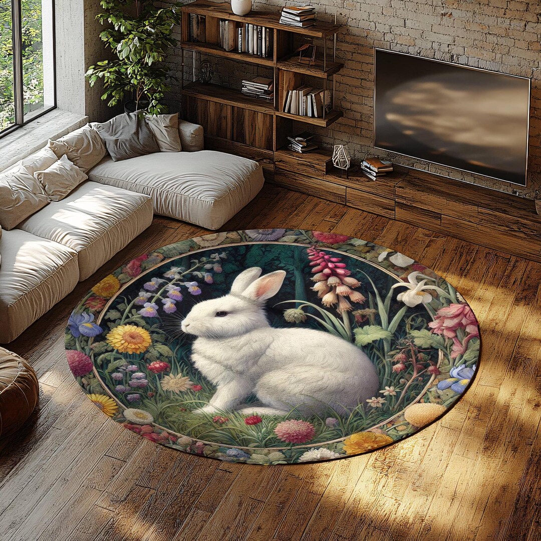 William Morris Inspired Spring Floral Bunny Round Rug, Cozy Home Decor ...
