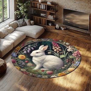William Morris Inspired Spring Floral Bunny Round Rug, Cozy Home Decor, Easter Gift, Nature Lover Rug, Spring Vibes, Indoor Area Rug