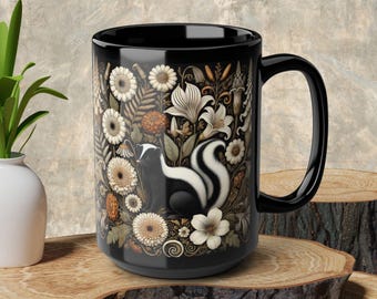Floral Skunk Art Mug, William Morris Style, Cottagecore Drinkware