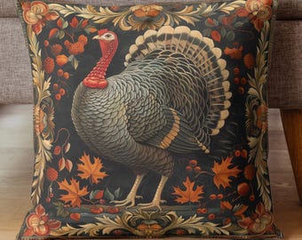 Thanksgiving Turkey Pillow, Rustic Autumn Cushion with Fall Leaves & Harvest Florals