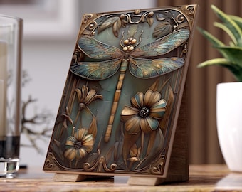 Art Nouveau Dragonfly 6x8 Ceramic Art Tile,  Vintage Botanical Wall Decor