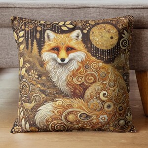 Gustav Klimt Inspired Whimsical Fox Pillow, Cozy Home Decor, Animal Lover Gift, Nature-Inspired Cushion, Living Room Accent