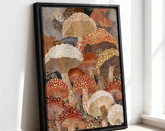 Yayoi Kusama Inspired Mushroom Canvas Wall Art, Abstract Botanical Print, Modern Autumn Nature Decor